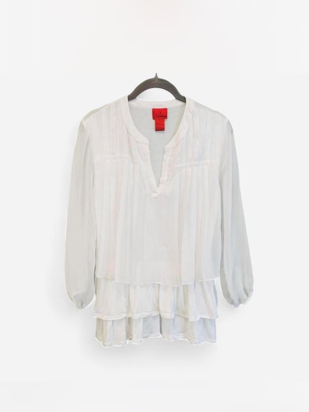V.Christina White Tiered Pintuck V-Neck Blouse size L